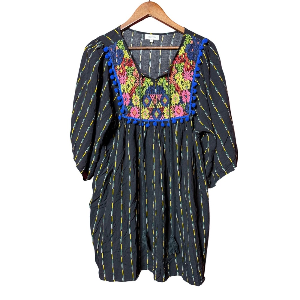 Velzera Women Small Black Embroidered Pom Pom Tunic Top Boho Tassel V-Neck Small
